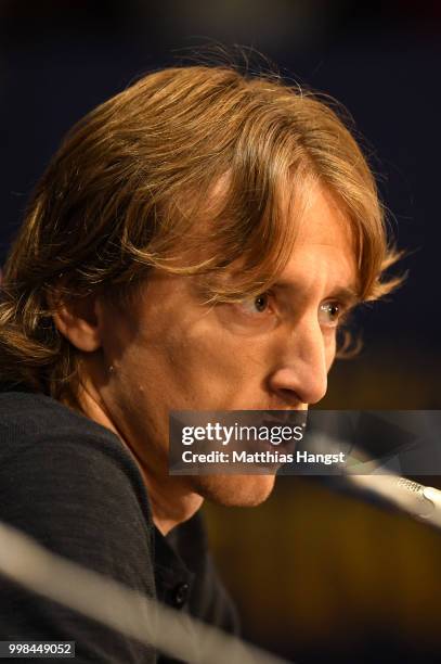 Luka Modric speaks during a Croatia press conference during the 2018 FIFA World Cup at Luzhniki Stadium on July 14, 2018 in Moscow, Russia.