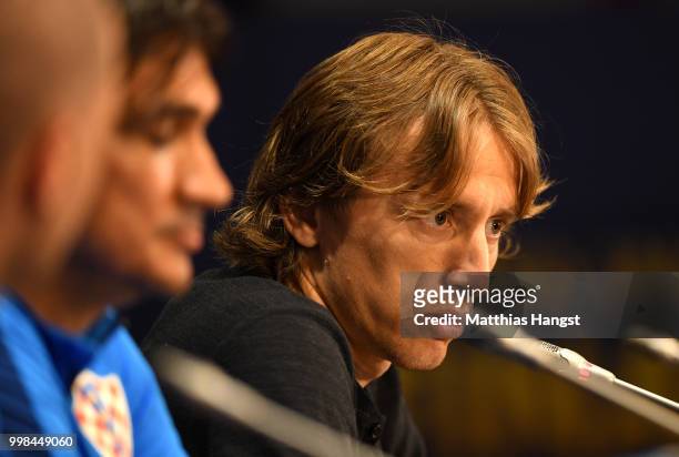 Luka Modric speaks during a Croatia press conference during the 2018 FIFA World Cup at Luzhniki Stadium on July 14, 2018 in Moscow, Russia.