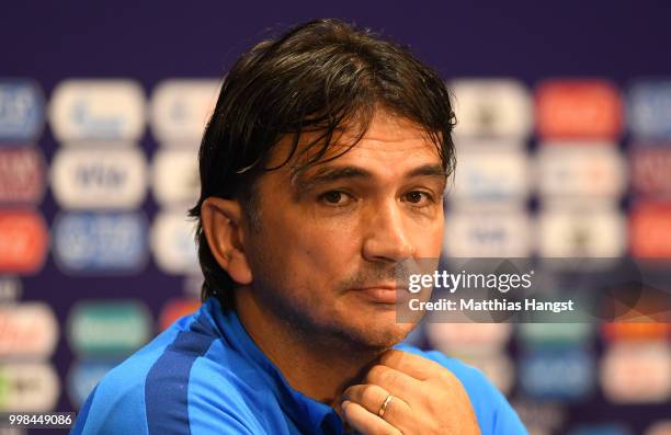 Zlatko Dalic, Head coach of Croatia speaks during a Croatia press conference during the 2018 FIFA World Cup at Luzhniki Stadium on July 14, 2018 in...