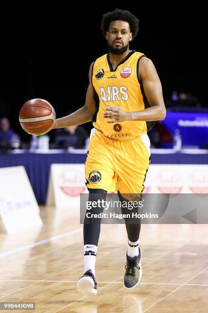 Alonzo Burton of the Mountainairs in action during the NZNBL match between Wellington Saints and Taranaki Mountainairs at TSB Arena on July 14, 2018...