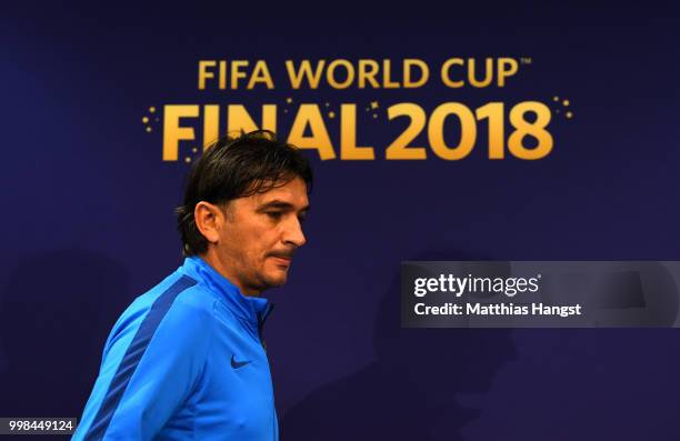 Zlatko Dalic, Head coach of Croatia arrives during a Croatia press conference during the 2018 FIFA World Cup at Luzhniki Stadium on July 14, 2018 in...