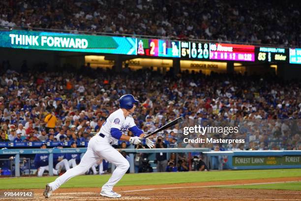 Chase Utley of the Los Angeles Dodgers at bat during the MLB game against the Los Angeles Angels of Anaheim at Dodger Stadium on July 13, 2018 in Los...