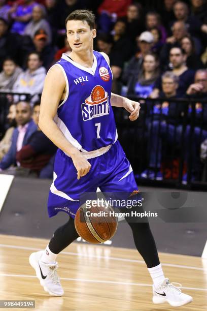 Shaun Bruce of the Saints in action during the NZNBL match between Wellington Saints and Taranaki Mountainairs at TSB Arena on July 14, 2018 in...