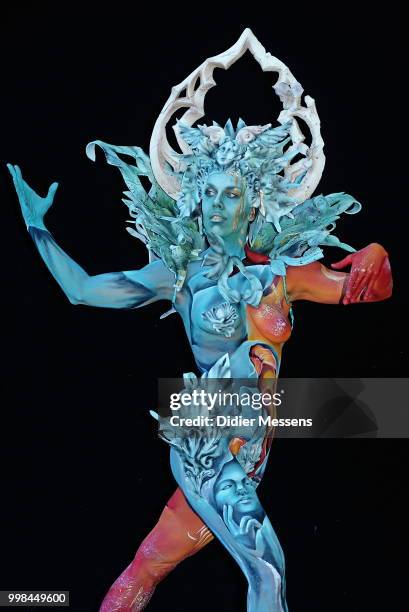 Model, painted by bodypainting artists Gloria Bordin and Giulia Ronzini from Italy, poses for a picture at the 21st World Bodypainting Festival 2018...