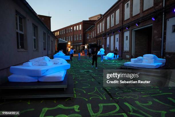 An outside view of the after show party at the HUGO show during the Berlin Fashion Week Spring/Summer 2019 at Motorwerk on July 5, 2018 in Berlin,...