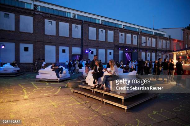 An outside view of the after show party at the HUGO show during the Berlin Fashion Week Spring/Summer 2019 at Motorwerk on July 5, 2018 in Berlin,...