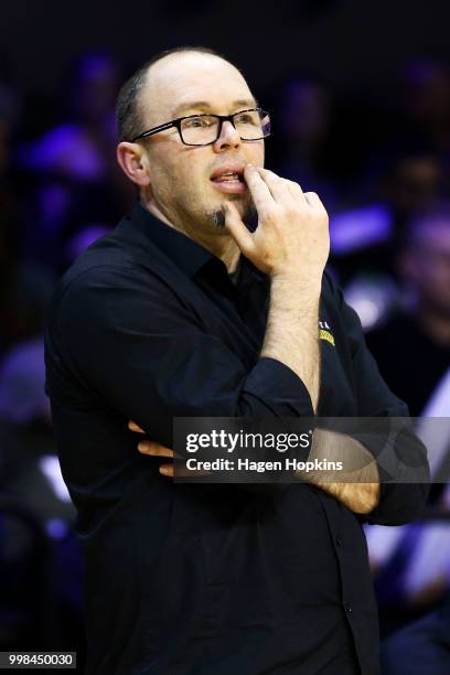 Coach Trent Adam of the Mountainairs looks on during the NZNBL match between Wellington Saints and Taranaki Mountainairs at TSB Arena on July 14,...