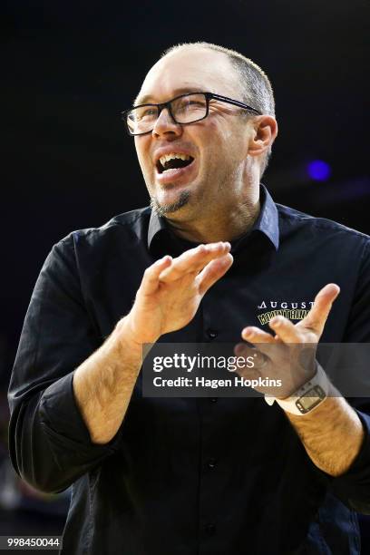 Coach Trent Adam of the Mountainairs applauds a decision during the NZNBL match between Wellington Saints and Taranaki Mountainairs at TSB Arena on...