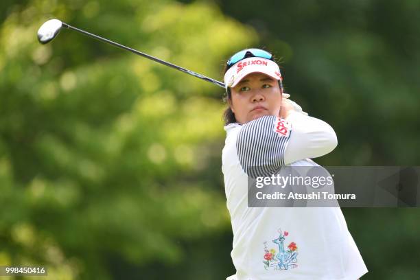 Miki Sakai of Japan hits her tee shot on the 4th hole during the second round of the Samantha Thavasa Girls Collection Ladies Tournament at the Eagle...