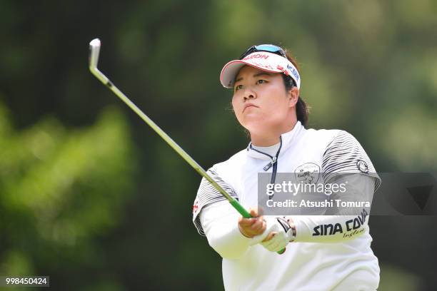 Miki Sakai of Japan hits her tee shot on the 9th hole during the second round of the Samantha Thavasa Girls Collection Ladies Tournament at the Eagle...