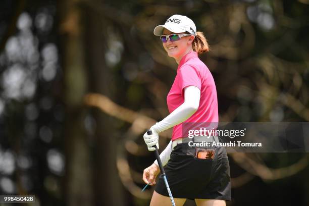 Karis Davidson of Australia smiles during the second round of the Samantha Thavasa Girls Collection Ladies Tournament at the Eagle Point Golf Club on...