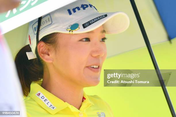 Chie Arimura of Japan smiles during the second round of the Samantha Thavasa Girls Collection Ladies Tournament at the Eagle Point Golf Club on July...