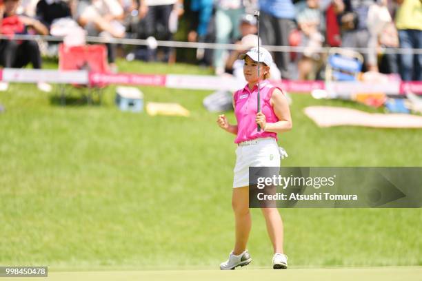 Kana Nagai of Japan celebrates after making her birdie putt on the 18th hole during the second round of the Samantha Thavasa Girls Collection Ladies...