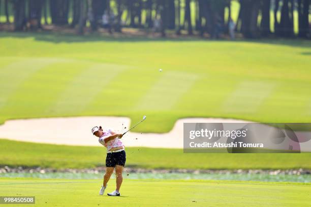 Fumika Kawagishi of Japan hits her second shot on the 18th hole during the second round of the Samantha Thavasa Girls Collection Ladies Tournament at...