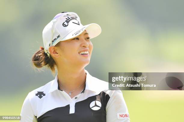 Asuka Kashiwabara of Japan smiles during the second round of the Samantha Thavasa Girls Collection Ladies Tournament at the Eagle Point Golf Club on...