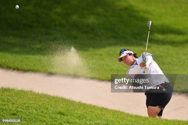 Miki Sakai of Japan hits from a bunker on the 18th hole during the second round of the Samantha Thavasa Girls Collection Ladies Tournament at the...