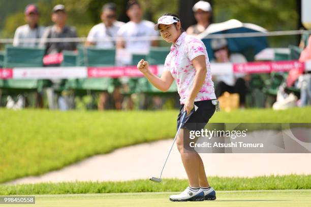 Fumika Kawagishi of Japan celebrates after making her birdie putt on the 18th hole during the second round of the Samantha Thavasa Girls Collection...