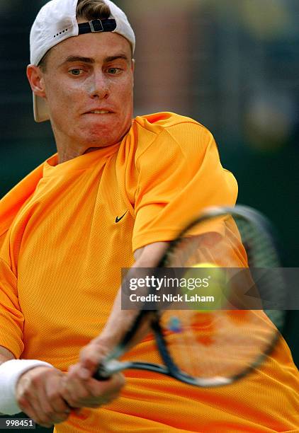 Lleyton Hewitt of Australia in action against Jonas Bjorkman of Sweden in the Davis Cup Semi Final match held at the Sydney International Tennis...