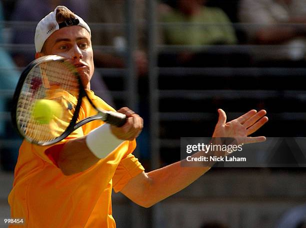 Lleyton Hewitt of Australia in action against Jonas Bjorkman of Sweden in the Davis Cup Semi Final match held at the Sydney International Tennis...