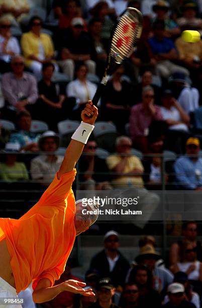 Lleyton Hewitt of Australia in action against Jonas Bjorkman of Sweden in the Davis Cup Semi Final match held at the Sydney International Tennis...