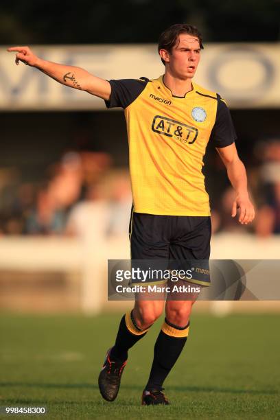 Harry Stowe of Staines Town during the Pre-Season Friendly between Staines Town and Queens Park Rangers at Wheatsheaf Park on July 13, 2018 in...