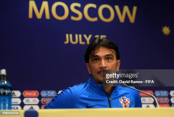 Zlatko Dalic, Head coach of Croatia speaks during a Croatia press conference during the 2018 FIFA World Cup at Luzhniki Stadium on July 14, 2018 in...
