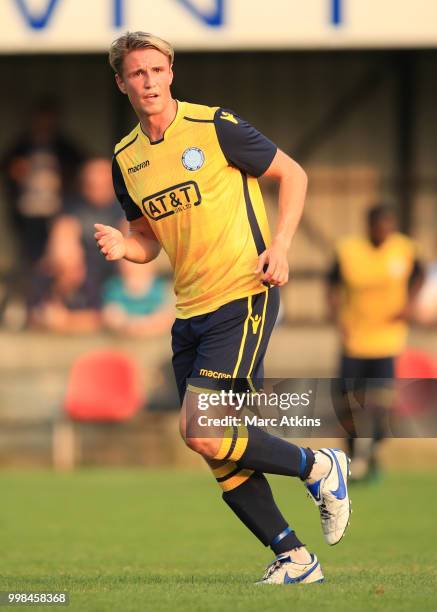 Bredan McVey of Staines Town during the Pre-Season Friendly between Staines Town and Queens Park Rangers at Wheatsheaf Park on July 13, 2018 in...