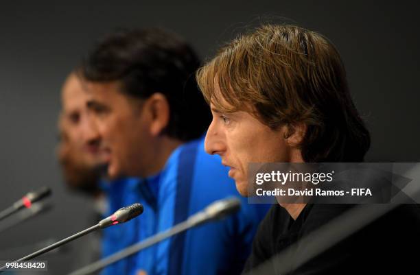 Luka Modric speaks during a Croatia press conference during the 2018 FIFA World Cup at Luzhniki Stadium on July 14, 2018 in Moscow, Russia.