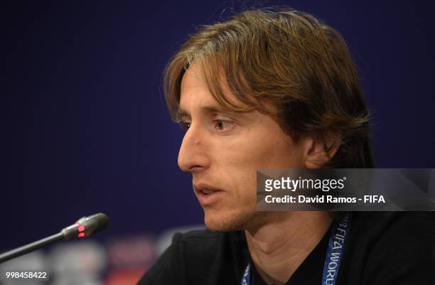 Luka Modric speaks during a Croatia press conference during the 2018 FIFA World Cup at Luzhniki Stadium on July 14, 2018 in Moscow, Russia.