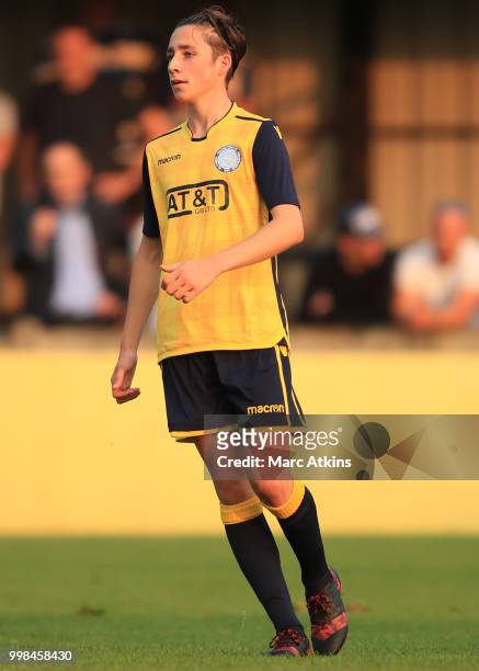 Harry Wickens of Staines Town during the Pre-Season Friendly between Staines Town and Queens Park Rangers at Wheatsheaf Park on July 13, 2018 in...