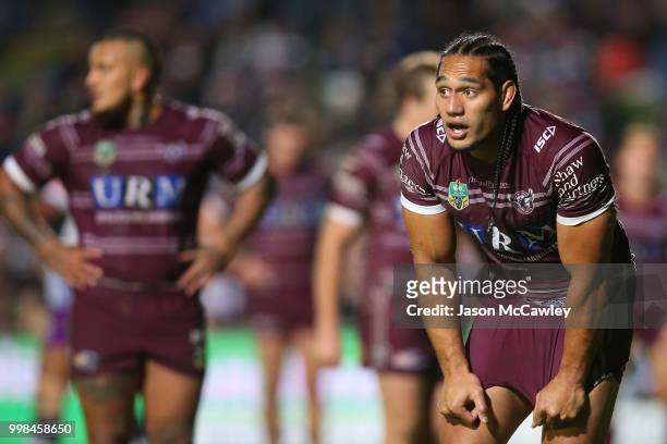 Martin Taupau of the Sea Eagles looks on during the round 18 NRL match between the Manly Sea Eagles and the Melbourne Storm at Lottoland on July 14,...