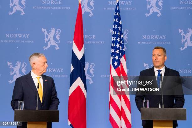 Secretary of Defence James Mattis and Norwegian Minister of Defence Frank Bakke-Jensen address a press conference at the Ministry of Defence in Olso...