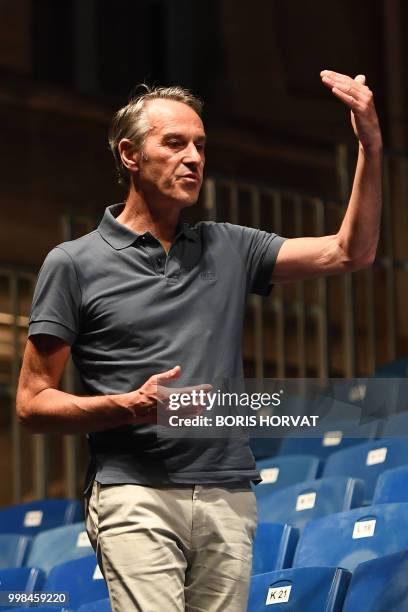 Belgian stage director Ivo Van Hove gestures after the rehearsal of the play he directed " De Dingen Die Voorrbijgaan' " from Louis Couperus in...