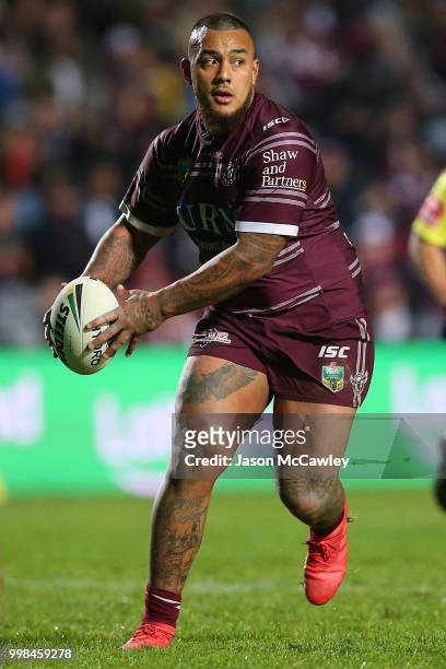 Addin Fonua-Blake of the Sea Eagles runs the ball during the round 18 NRL match between the Manly Sea Eagles and the Melbourne Storm at Lottoland on...