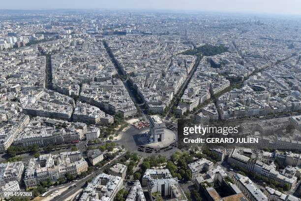 Aerial view of the Arc de Triomphe during the annual Bastille Day military parade on the Champs-Elysees avenue in Paris on July 14, 2018.