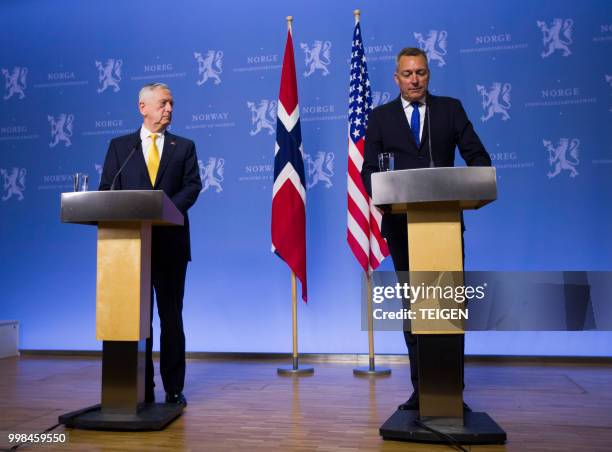 Secretary of Defence James Mattis and Norwegian Minister of Defense Frank Bakke-Jensen address a press conference at the Ministry of Defence in Olso...