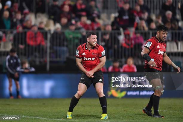 Ryan Crotty of the Crusaders reacts during the round 19 Super Rugby match between the Crusaders and the Blues at AMI Stadium on July 14, 2018 in...
