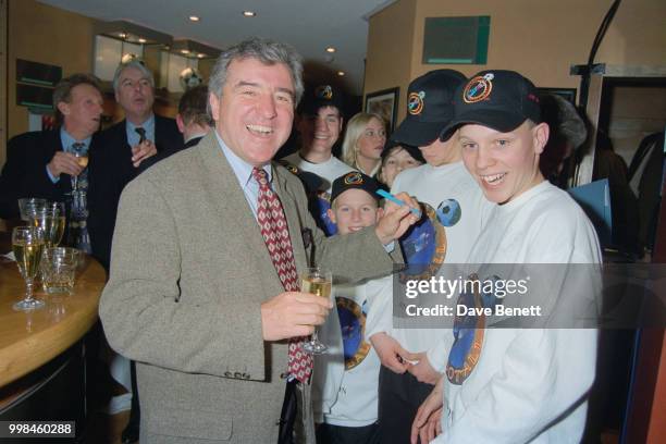 England manager and former footballer, Terry Venables, signing shirts for fans at the opening of the Football Football sports bar on Haymarket,...