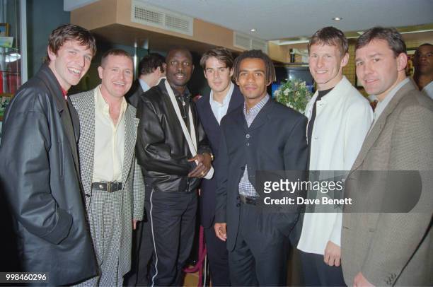 Footballers at the opening of the Football Football sports bar on Haymarket, London, 25th March 1996. Left to right: Lee Sharp, Paul Gascoigne,...