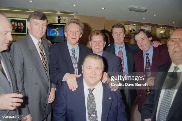 Former footballers at the opening of the Football Football sports bar on Haymarket, London, 25th March 1996. From second left: Martin Peters, Denis...