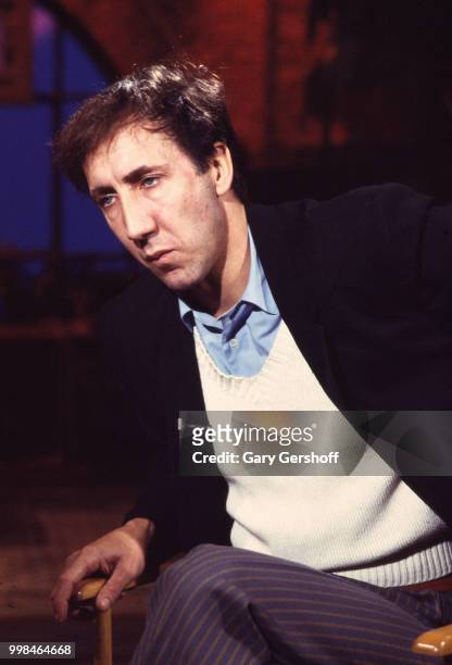 View of British musician Pete Townshend, of the Rock group the Who, during an interview at MTV Studios, New York, New York, October 14, 1982.