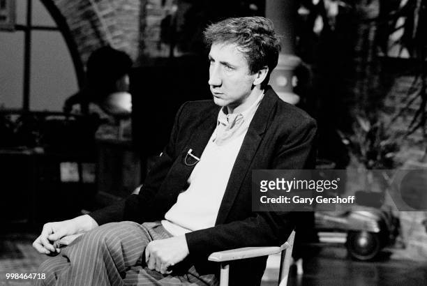 View of British musician Pete Townshend, of the Rock group the Who, during an interview at MTV Studios, New York, New York, October 14, 1982.