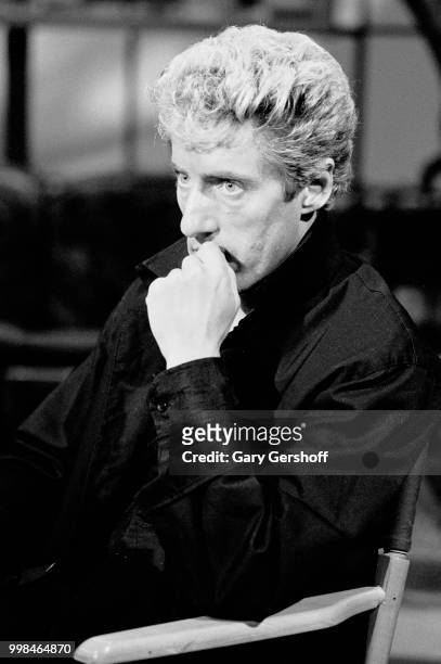View of British musician Roger Daltrey, of the Rock group the Who, during an interview at MTV Studios, New York, New York, October 14, 1982.
