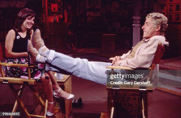 American VJ Martha Quinn interviews British musician Roger Daltrey, of the Rock group the Who, during an interview at MTV Studios, New York, New...