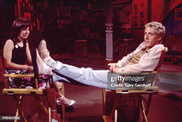 American VJ Martha Quinn interviews British musician Roger Daltrey, of the Rock group the Who, during an interview at MTV Studios, New York, New...