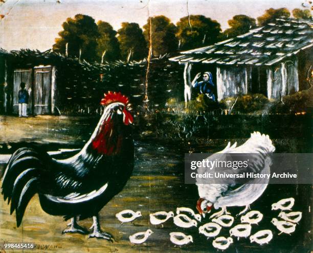 Chicken and cockerel by Niko Pirosmani , Russian, Georgian primitivist painter, who posthumously rose to prominence.