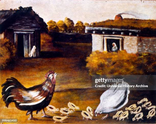 Chicken and cockerel by Niko Pirosmani , Russian, Georgian primitivist painter, who posthumously rose to prominence.