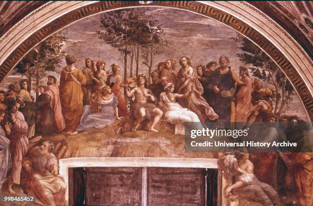 The Parnassus, 1509Ð1511, by Raphael is a fresco painting by the Italian High Renaissance artist Raphael in the Raphael Rooms , in the Palace of the...