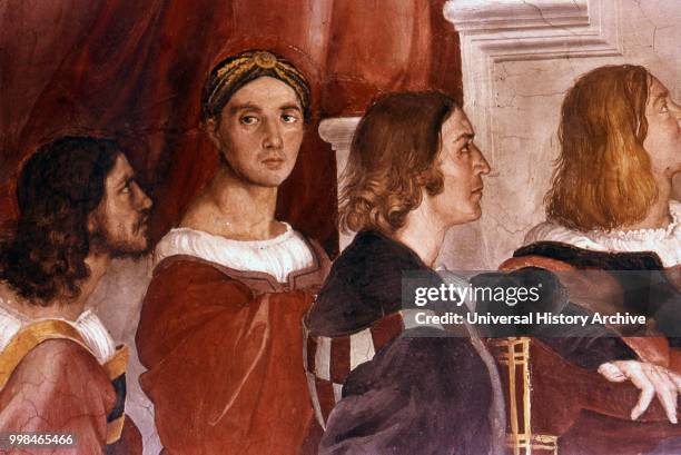 Detail showing Raphael from the Mass at Bolsena. 1514. Fresco by Raphael :Raffaello Sanzio. The Mass at Bolsena is a painting by the Italian...