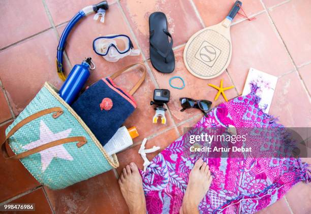 beach bag ready for summer. - beach bag overhead stock pictures, royalty-free photos & images